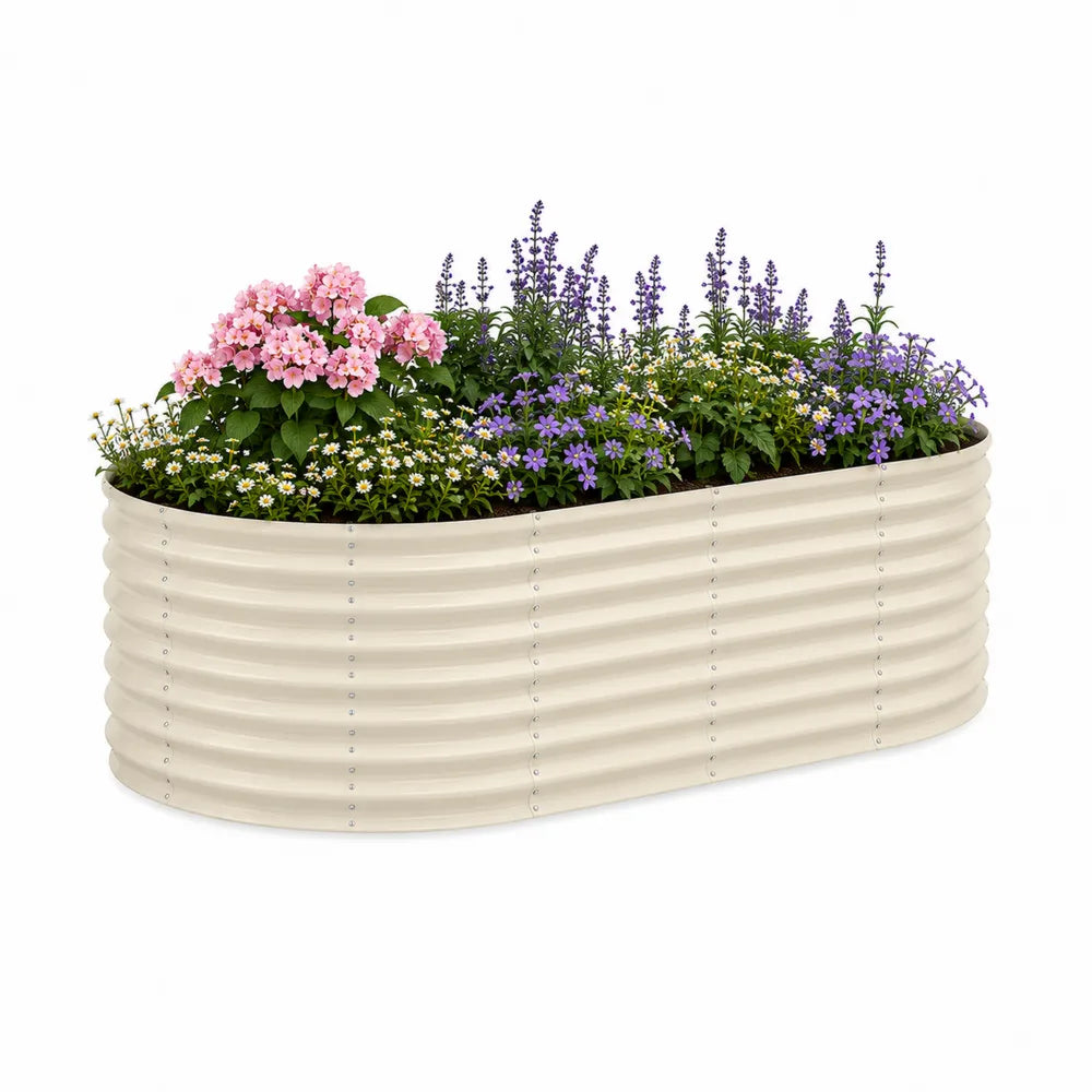 Pflanzkasten oval aus verzinktem Stahl mit Rillenstruktur Creme 100 x 40 x 40 cm
