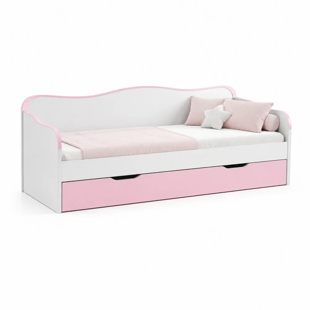 Kinderbett Einzelbett MDF Rahmen mit Schublade Weiß Rosa 90 x 200 cm