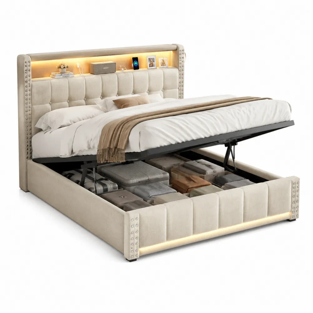 Polsterbett Doppelbett mit Bettkasten LED Kopfteil Polyesterbezug Beige 160 x 200 cm