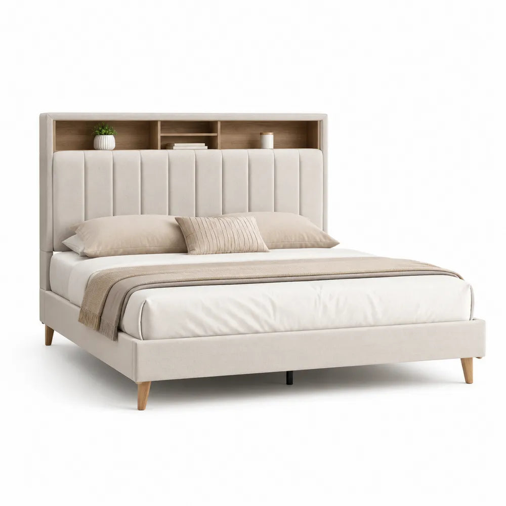 Polsterbett Doppelbett mit Kopfteil Regal Polyesterbezug Beige 160 x 200 cm