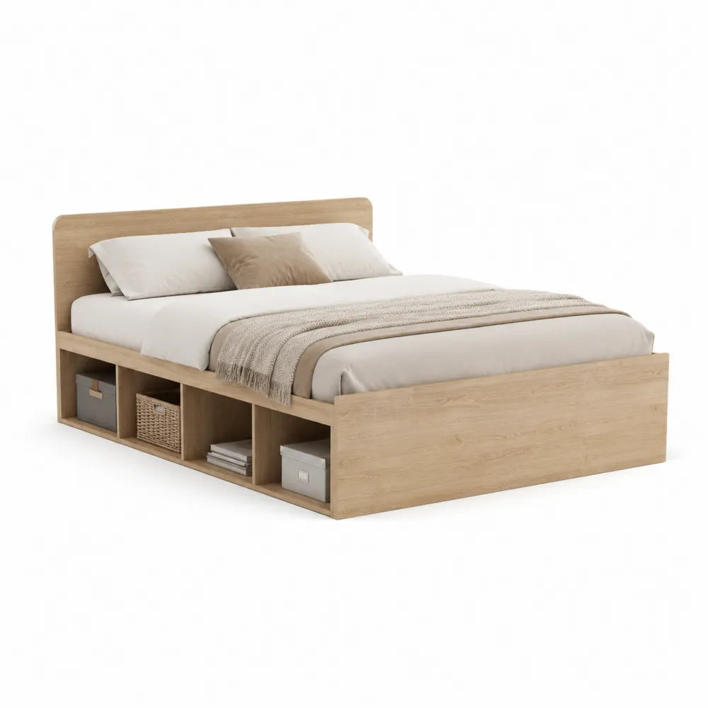 Doppelbett Bettgestell Holzwerkstoff Eichefarben mit Kopfteil Stauraum 160 x 200 cm