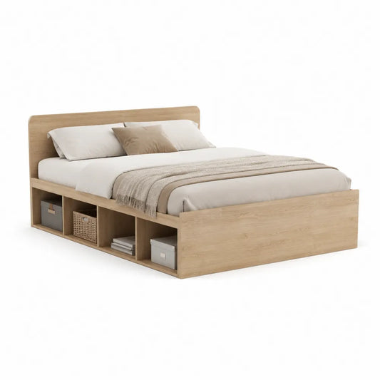 Doppelbett Bettgestell Holzwerkstoff Eichefarben mit Kopfteil Stauraum 160 x 200 cm